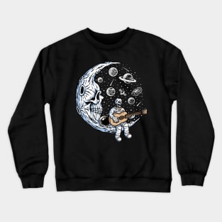 Funny Skeleton Astronaut Playing Guitar on Dead Moon Crewneck Sweatshirt